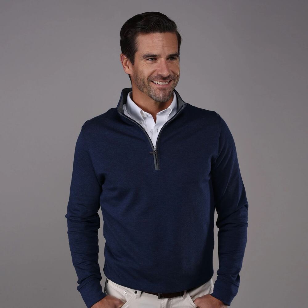 NWOT Collars & Co Heather Cloud Cotton Quarter Zip Navy Blue with Gray Trim S